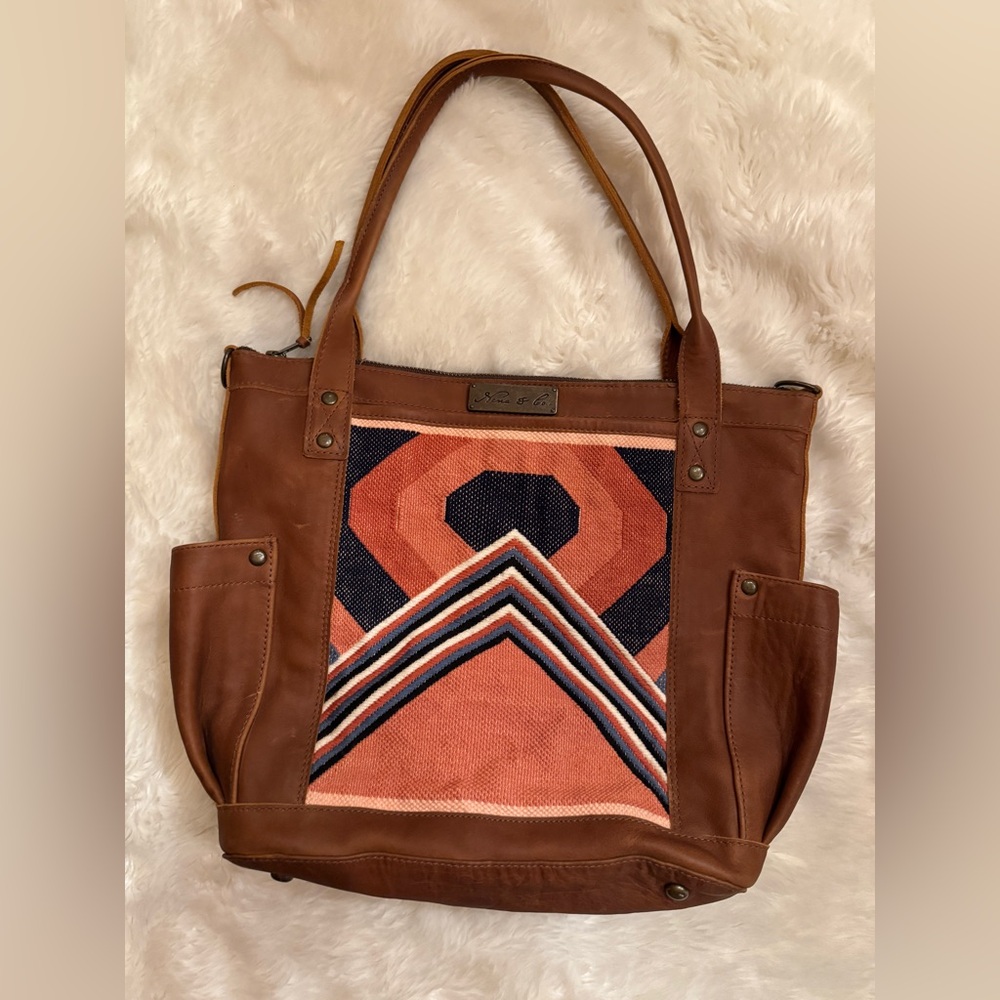 Nena & Co. Medium TPB Cafe Leather and gorgeous  Mountain & Sun huipil. - Picture 3 of 8